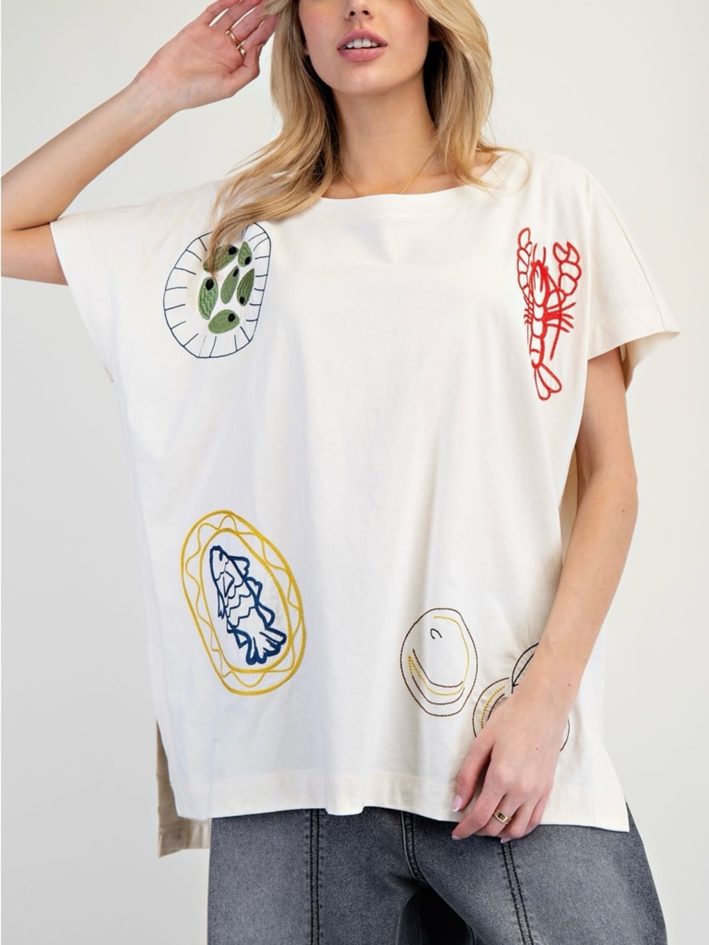 Easel  Embroidered Knit Top – Boho Oversized, Hi-Low Hem, Hand Embellished